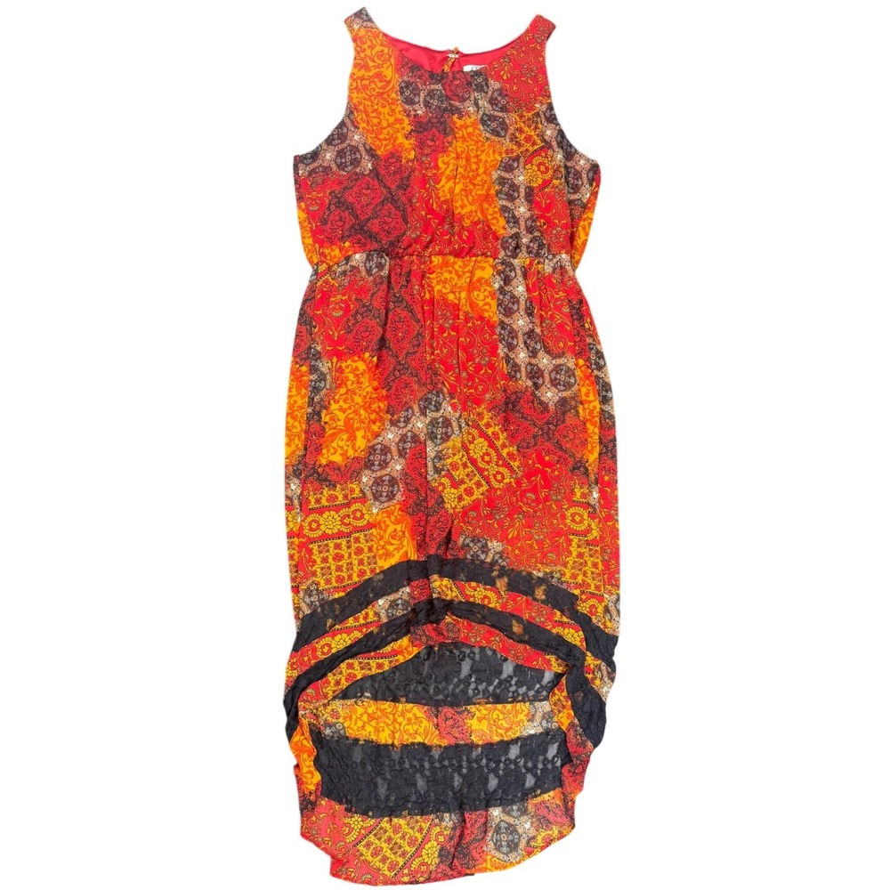 Cato Patchwork Boho Midi Dress Sleeveless‎ Lace Hem Hi Low Keyhole XL